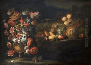 Nature Morte Au Vase De Fleurs Et Corbeille De Pommes, Raisins, Poires, Melon, Figues Dans Un Paysage by Paolo Antonio Barbieri