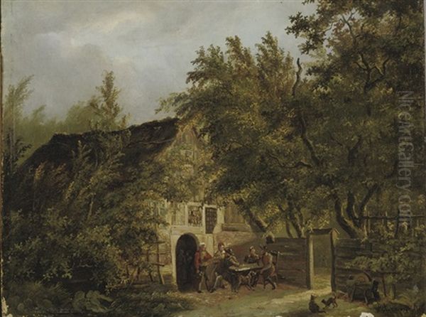 Peasants Outside A Cottage In A Wooded Landscape - view 1