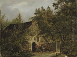 Peasants Outside A Cottage In A Wooded Landscape by Pieter Barbiers the Elder
