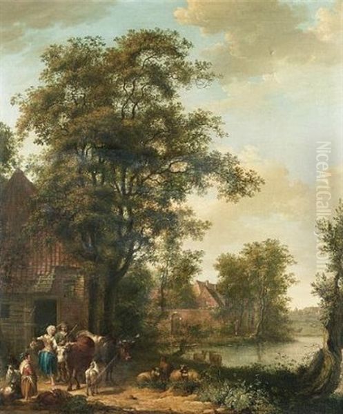 A Milkmaid And Goatherd With A Young Girl And Their Livestock Outside A Cottage, A River, A Village And A Meadow Beyond - view 1