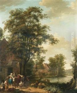A Milkmaid And Goatherd With A Young Girl And Their Livestock Outside A Cottage, A River, A Village And A Meadow Beyond by Pieter Barbiers the Elder