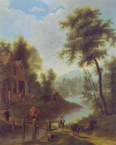 Bewaldete Fluslandschaft Mit Bauernhausern Und Reisenden