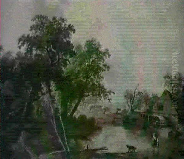 A Wooded River Landscape With A Woman And A Dog Paddling In A Mill Stream - view 1