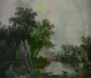 A Wooded River Landscape With A Woman And A Dog Paddling In A Mill Stream by Pieter Barbiers the Elder
