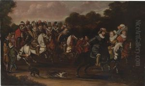 A Cavalcade Of The Princes Of Oranje-nassau And Their Family, With The Winter King And Queen, And The Duke Of Braunschweig, All Riding In A Wooded Landscape by Pieter Barbiers