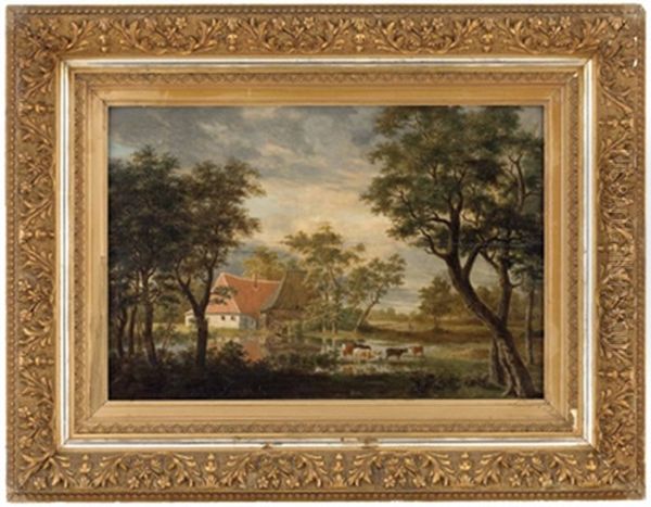 Sommerlandschaft Mit Gehoft Und Kuhen Am Weiher - view 1