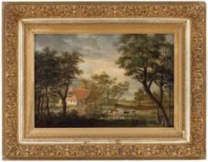Sommerlandschaft Mit Gehoft Und Kuhen Am Weiher by Pieter Barbiers