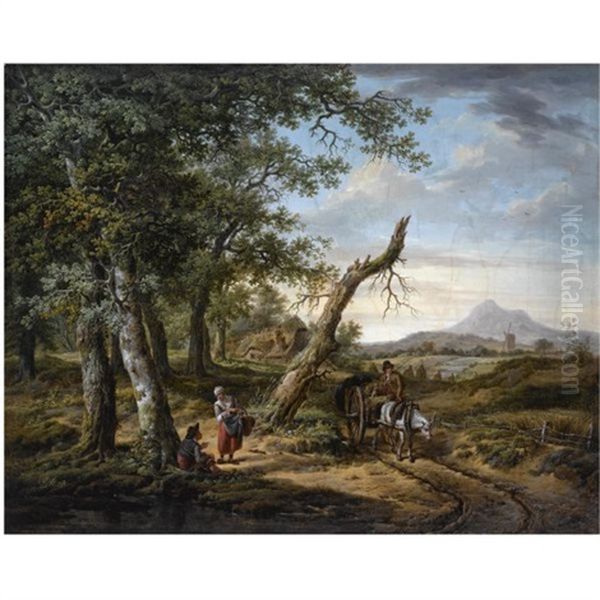 A Wooded, Hilly Landscape With A Farmer On A Horse-drawn Cart On A Muddy Path, Peasants Resting Nearby, A Farmhouse Beyond - view 1