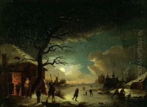 Scene De Patinage Sur Une Riviere Gelee Au Clair De Lune by Pieter Barbiers