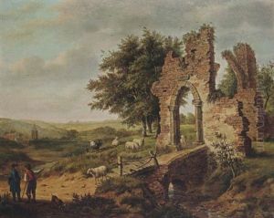 A Landscape With An Artist Conversing With A Shepherd, His Flock Grazing Nearby Amongst Ruins, A View Of A Hamlet Beyond