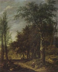 A Wooded Landscape With A Woodcutter Resting On A Stump And Figures On A Path