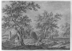 Bauerngehoft An Einem Kleinen Bach Und Unter Hohen Baumen by Pieter Barbiers