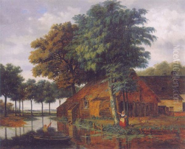 A Peasant Woman By A Farm, A Fisherman In A Rowing Boat Nearby - view 1