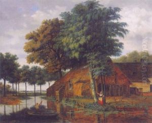 A Peasant Woman By A Farm, A Fisherman In A Rowing Boat Nearby by Pieter Barbiers