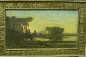 Orientalist Scene With Arabs On Camelback Near A Pond, Distant Desert Landscape Orientalist Scene With Arabs On Camelback Near A Pond, Distant Desert Landscape