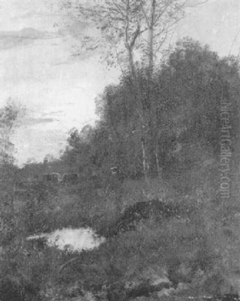Waldlichtung Mit Jager, Kuhen Und Einem Teich In Der Morgenrote - view 1