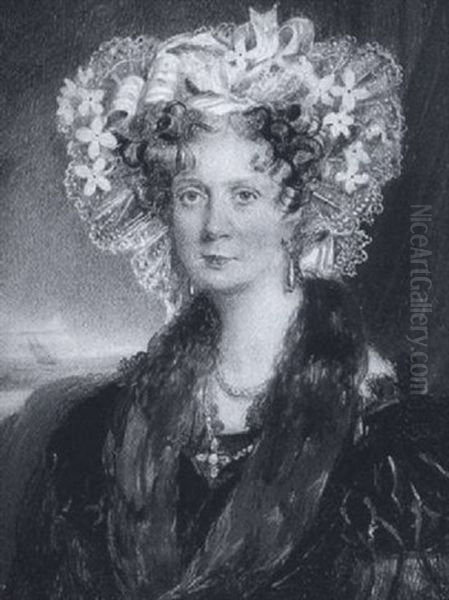 Mrs Gideon Newland Wearing Black Dress With Lace Trim, Fur Stole, White Lace Bonnet With Ribbons And Flowers, Gold Necklace And Pendant Earrings - view 1