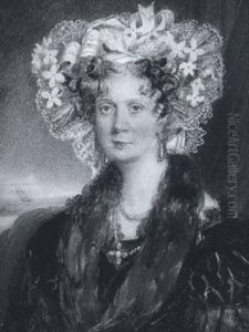 Mrs Gideon Newland Wearing Black Dress With Lace Trim, Fur Stole, White Lace Bonnet With Ribbons And Flowers, Gold Necklace And Pendant Earrings by Hugh William Barclay