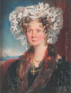 Mrs. Gideon Newland Wearing Black Dress With Lace Trim, Fur Stole, White Lace Bonnet With Ribbons And Flowers, Gold Necklace And Pendant Earrings