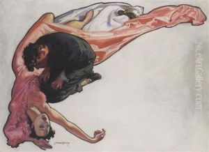 Man Hunched Over Prone Woman In Dressing Gown