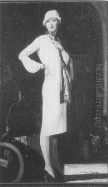 Standing Female Figure With Porter, Luggage And Automobile In Background - view 1