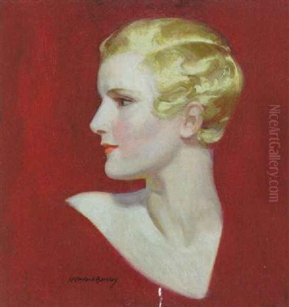 Profile Of Blond, Short-haired Woman, Red Background - view 1
