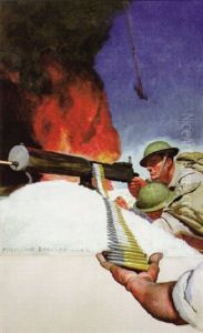 Soldiers Firing Machine Gun, Civilian Hand Holding Bullets