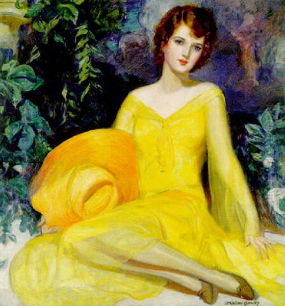 Seated With Yellow Dress And Orange Hat - view 1