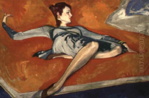 Langourous Woman On Orange Bed - view 1