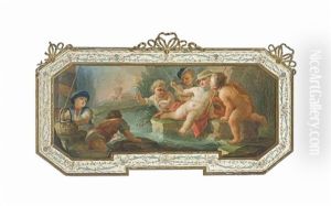 Putti Fishing On A River Bank by Pietro Bardellino