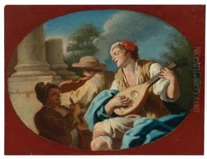 A Young Lady Playing A Tambourine With Two Girls Playing The Castanets (+ A Young Man Playing The Lute With Others Playing A Violin And A Rommelpot; Pair) A Young Lady Playing A Tambourine With Two Girls Playing The Castanets (+ A Young Man Playing The Lute With Others Playing A Violin And A Rommelpot; Pair)