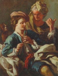 A Young Shepherd With A Recorder, A Dog And An Old Crone At His Side by Pietro Bardellino