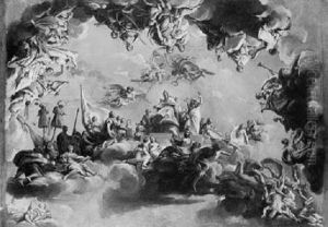A Modello For A Ceiling Decoration: Soldiers Paying Homage To A Bishop Seated On High Whilst Thor Repels Fallen Souls.. A Modello For A Ceiling Decoration: Soldiers Paying Homage To A Bishop Seated On High Whilst Thor Repels Fallen Souls..