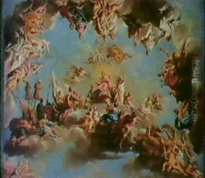 A Modello For A Ceiling Decoration; Soldiers Paying Homage  To A Bishop Seated On High Whilst Thor Repels Fallen Souls..