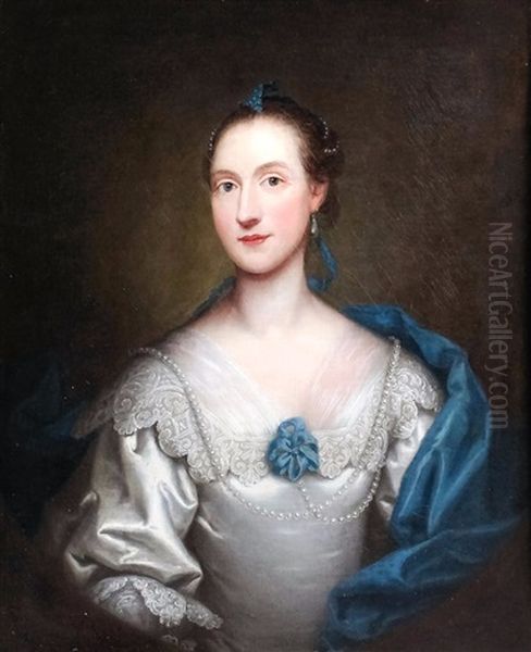 Half Length Portrait Of A Woman In A White Satin Dress - view 1
