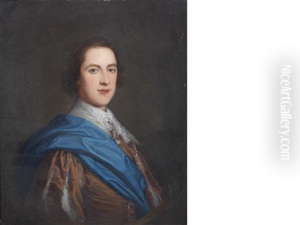 Portrait Of A Gentleman, Half-length, In A Burgundy Coat And Blue Sash (+ Portrait Of A Lady, Half-length, In A Burgundy Dress And Blue Sash, Before An Open Landscape; Pair) - view 1