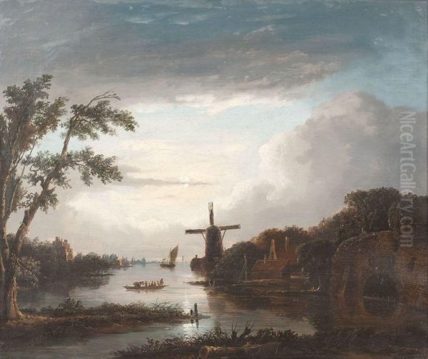 Abendlandschaft Mit Hollandischem Dorf Und Windmuhle - view 1