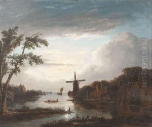 Abendlandschaft Mit Hollandischem Dorf Und Windmuhle by Maigret Jacobus Adianus