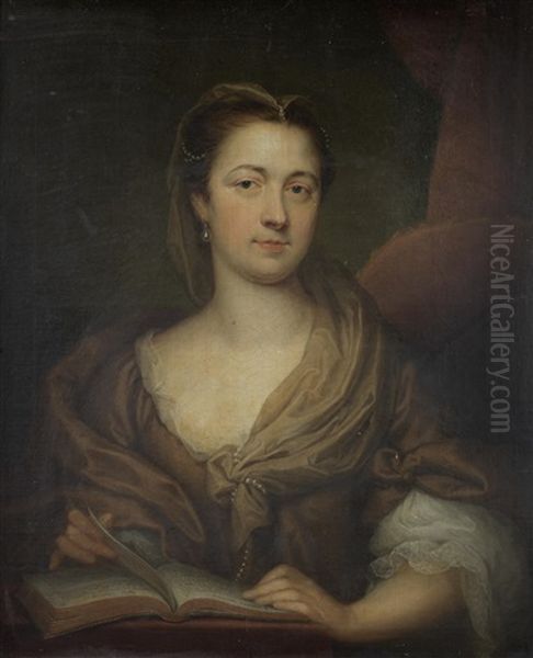 Portrait Of A Lady, In A Gold Dress And Pearl Headdress, Seated Reading A Book - view 1