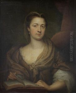 Portrait Of A Lady, In A Gold Dress And Pearl Headdress, Seated Reading A Book by Thomas Bardwell