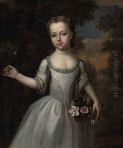 Portrait Of A Young Girl In A Grey Dress With A Basket Of Flowers In A Landscape by Thomas Bardwell