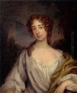 Portrait Of A Lady In A White And Mauve Dress And A Green Wrap, In A Wooded Landscape