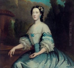 Portrait Of A Lady In A Blue Dress Trimmed With Lace And Blue Ribbons, With A White Lace Collar, By An Urn On A Terrace