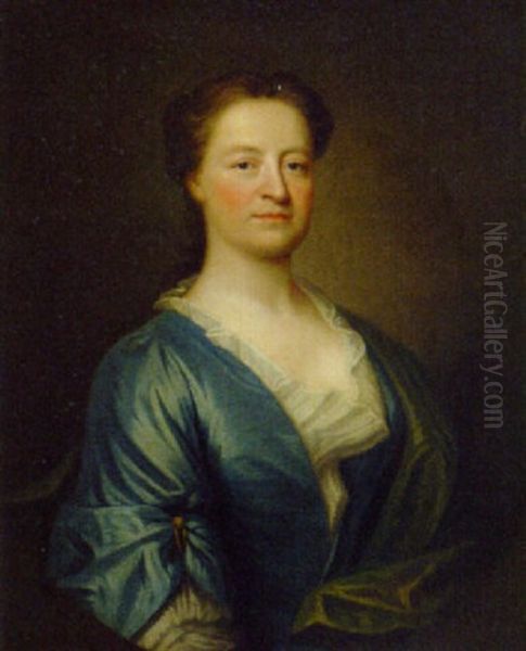 Portrait Of A Lady, Half-length, In A Blue And White Dress And Green Wrap - view 1