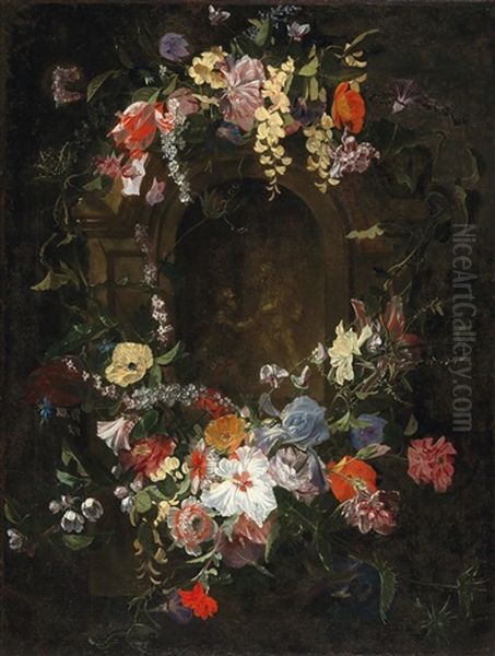 A Wreath Of Flowers Around A Painted Niche Enclosing A Pair Of Frolicking Putti - view 1