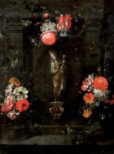 Vierge A L'enfant Dans Une Architecture Entouree De Bouquets De Fleurs