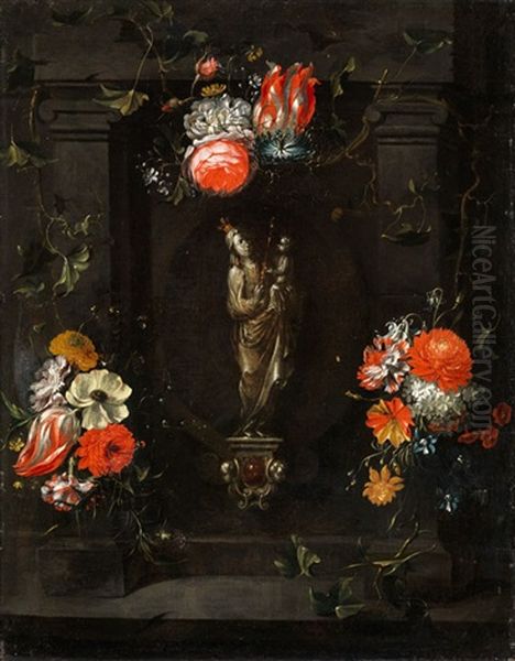 Stilleben Mit Madonnenfigur In Einer Steinadikula Von Blumen Umgeben - view 1