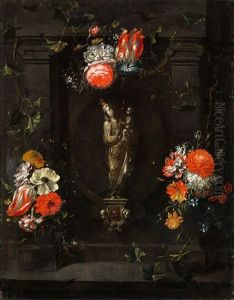 Stilleben Mit Madonnenfigur In Einer Steinadikula Von Blumen Umgeben by Johannes Anthonius van der Baren