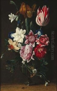 In Einer Glasvase Rosen, Tulpen, Lilien Und Narzissen by Johannes Anthonius van der Baren