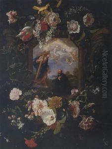 A Floral Garland Surrounding A Cartouche With The Vision Of Saint Ignatius Loyola
